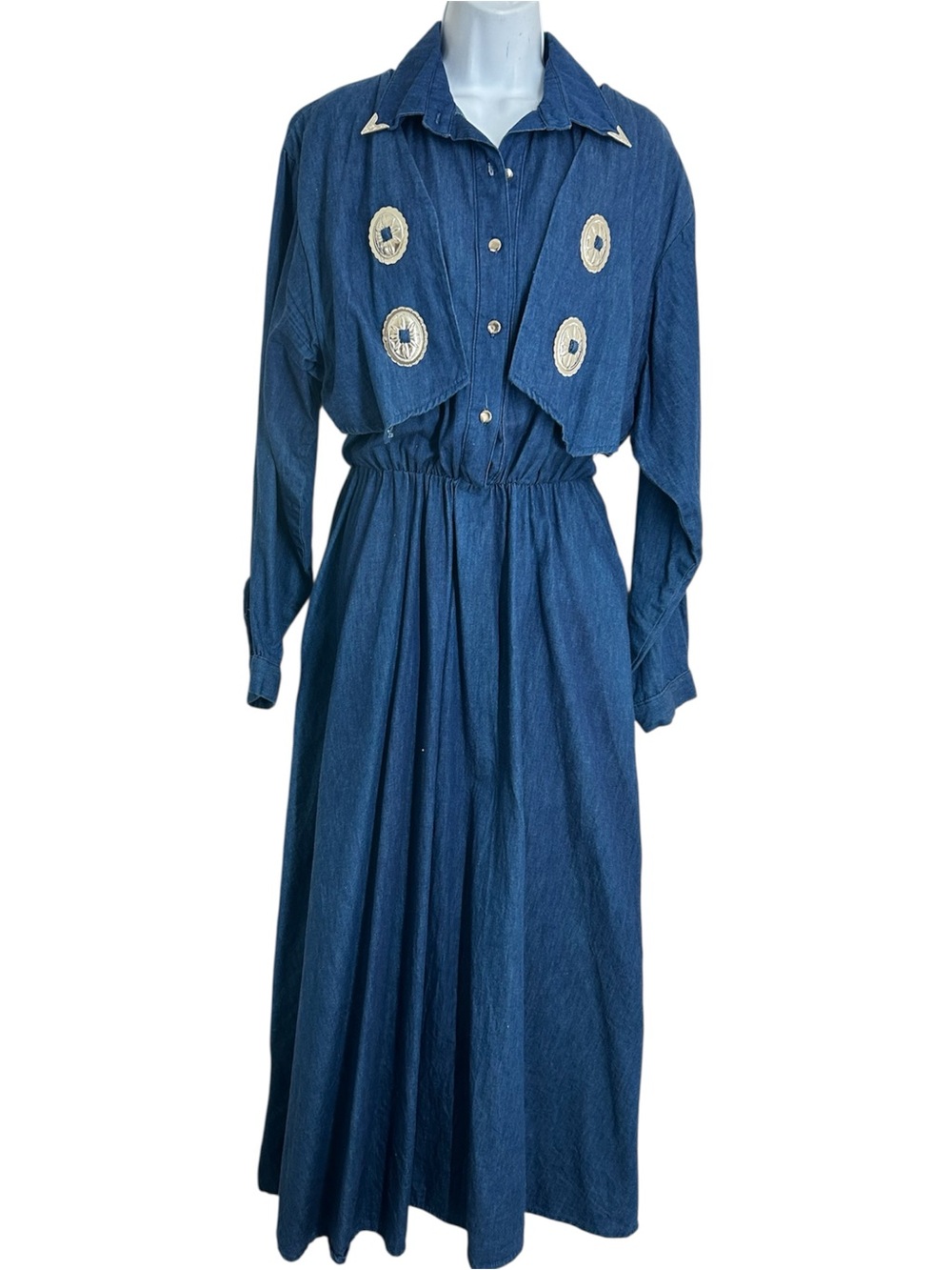 Vintage 80s Western Denim Concho Maxi Dress L Sassa Retro Rockabilly